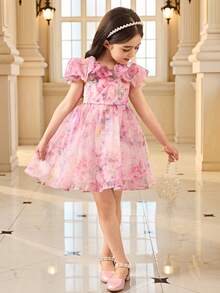 Young Girl Elegant Floral Pattern Midi Dress - Multicolor - View 3