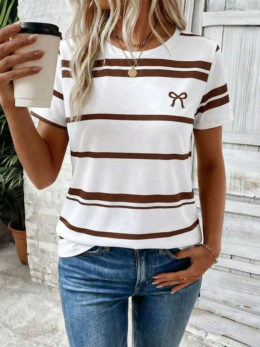 EMERY ROSE Casual Fashion New Round Neck Short Sleeve Bowknot Striped Print T-Shirt - Multicolor - View 1