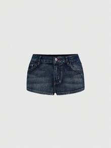 ROMWE Avant Women's Y2K Super Low-Rise Sexy Apple Pocket Embroidered Low Waist Denim Shorts - Blue - View 2