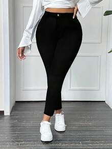 Slaydiva Plus Size Solid Color Slim Fit Casual High Waist Versatile Daily Jeans - Black - View 6