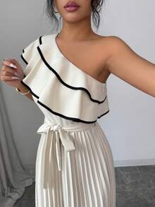 Elenzga 女士杏色撞色黑色系带腰部荷叶边露肩中长连衣裙，优雅的A字腰带设计，高品质精致风格，适合生日、约会、派对、工作、上学、度假、春夏等场合。 - 杏色 - 查看 8