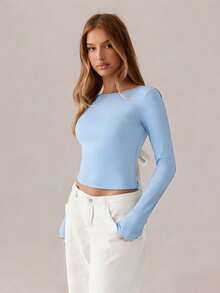 SHEIN SXY Black Top;Women's Sexy Contrasting Lace-Up Backless Slim-Fit T-Shirt; Women's Round Neck Long-Sleeved Solid Black Slim-Fit Bow Top, Suitable For Dating, Young And Sexy, Daily Outing, Autumn Clothing, Daily Dating Travel Wear; Daily Outing Office Wear - Blue - View 6