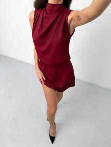 Aloruh 女士优雅无袖系领迷你连衣裙，适合通勤 - 紫色 - 查看 7