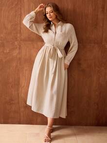 Flirla Đầm dài tay bằng vải lanh đơn, thanh lịch kiểu Pháp dành cho nữ, thích hợp cho những buổi trà chiều lãng mạn, cổ áo sơ mi, thắt eo, khóa kéo phía trước, trang trí, thích hợp cho mùa xuân/hè. - Màu be - Xem 8