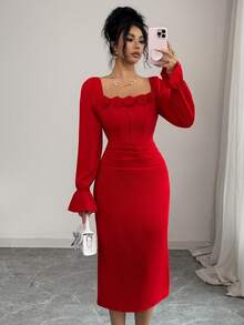 Rafferiza Red Retro Square Neck Dress/3D Rose Decor/Ruched Waist Design Flare Sleeve Elegant Party Dress - Red - View 3