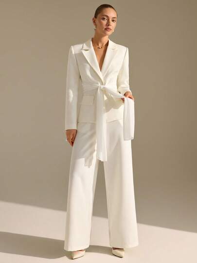 CLARA VERO Women's Lapel Chiffon Asymmetrical Tie-Waist Long Sleeve Blazer And Wide Leg Pants Suit, White