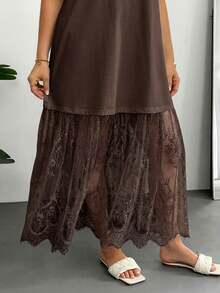 SHEIN Essnce 女士大码长裙，假两件式连衣裙，蕾丝拼接连衣裙，透视连衣裙，白色连衣裙，夏季连衣裙，毕业礼服，生日礼服，节日连衣裙，白色连衣裙，优雅高贵 - 棕色 - 查看 7