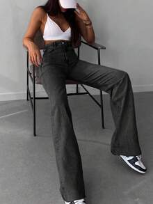 Tall High Waist Raw Hem Wideleg Jean - Dark Grey - View 4