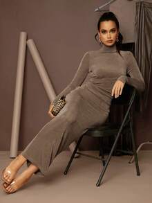 Silquee High Neck Solid Bodycon Dress - Mocha Brown - View 5