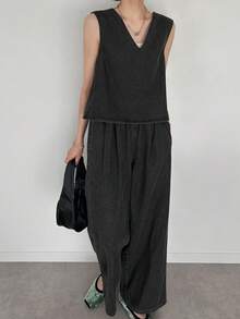 FRIFUL Women's Casual Washed Denim Vest And Jeans Set - Grey - View 4