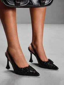 CUCCOO SZL 女士尖头高跟鞋，9厘米优雅酒杯鞋跟，可爱蝴蝶结猫跟细高跟鞋，PU镜面纹理后跟带扣，方便穿脱，黑色高跟鞋，适合日常/派对/约会/办公/舞会等场合。 - 紋路黑 - 查看 7