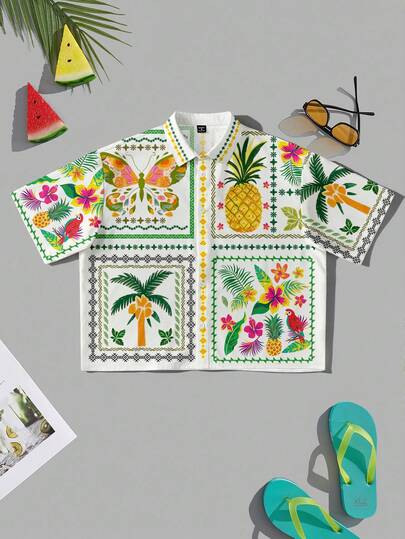 VIVINTIMO Men's Coconut Tree, Butterfly, Pineapple, Floral Print Vacation Short Sleeve Shirt