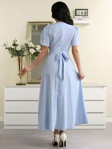 Modelyn Women's Elegant Floral Puff Sleeve Plain Dress, Summer Summer Modest Dress Light Blue Long Dress Baby Blue Women Dress Casual Long Dress French Style Dress - Baby Blue - View 2