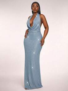 Radiana Đầm maxi ôm sát, thanh lịch, quyến rũ, gợi cảm màu xanh dương bóng bẩy dành cho nữ, cổ xếp ly, hở lưng, thích hợp cho các buổi dạ hội, ngày Valentine, hòa nhạc, tiệc chiêu đãi, lễ hội, hẹn hò, tụ họp, sinh nhật, tiệc độc thân, tiệc cocktail, sự kiện trang trọng, câu lạc bộ, giúp tôn lên và làm nổi bật vóc dáng. - Màu xanh bụi bặm - Xem 5