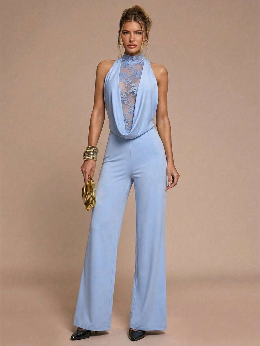 SHEIN BAE Women's Lace Patchwork Stand Collar Sheer Draped Sleeveless Jumpsuit - Baby Blue - View 1