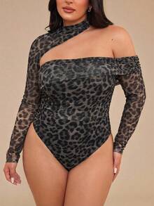 SHEIN BAE Plus Size Women Leopard Print Asymmetrical Collar Long Sleeve Elegant Bodysuit, Winter - Khaki - View 4