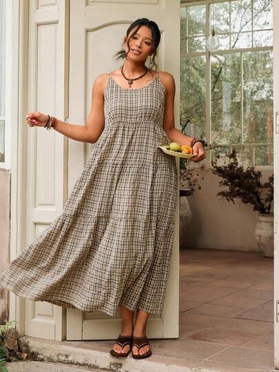 Freevana 大码夏季休闲复古格子荷叶边吊带连衣裙