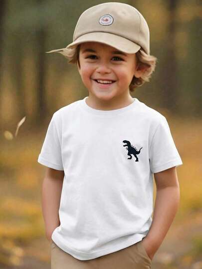 SHEIN Camiseta de manga corta con cuello redondo y estampado de dinosaurio para niño, uso casual para el día a día, adecuada para el verano