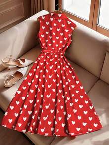 GlowEve Đầm nữ dáng lửng không tay, hai hàng cúc, in hình trái tim, thanh lịch kiểu cổ điển. - Đỏ - Xem 2