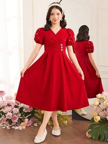 SHEIN Vestido largo de manga corta con cuello en V rojo, con hebilla de metal y cuentas, adecuado para reuniones al aire libre y fiestas para niñas preadolescentes - Rojo - Ver 2