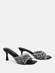 CUCCOO TILAWA 女士方头高跟鞋黑色透明膜镶钻性感时尚华丽宴会派对夜店女士高跟凉鞋拖鞋 - 黑色 - 查看 3