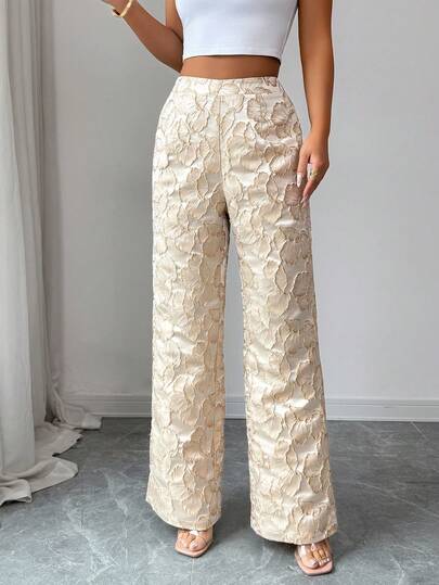 SHEIN Elenzya Quần ống loe jacquard không co giãn, thanh lịch dành cho nữ, thích hợp mặc hàng ngày.