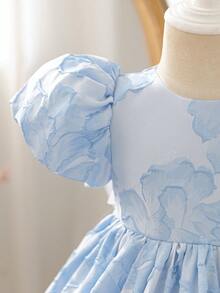 Glamorique Kids 女婴公主裙，蓝色花卉欧根纱提花面料，高品质面料，优雅正式派对礼服，适合中东、欧洲、美洲等地，奢华演出服 - 藍色 - 查看 7