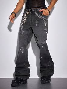 ROMWE MEN 男士休闲水洗十字架字母链印花牛仔裤 - 黑色 - 查看 4