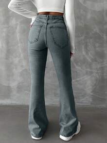 SHEIN 98%Cotton Zipper Fly Distressed Bell Bottom Jeans, Tall Women - Dusty Blue - View 2