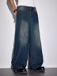 ROMWE MEN Goth Spring Casual Graphic Men'S Cross Embroidered Pocket Wide Leg Loose Casual Jeans - Blue - View 5