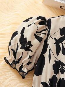 SHEIN Tween Girl Ruffle Collar Puff Sleeve Polka Dot Pleated Detachable Contrast Waist Belt Dress - Multicolor - View 4