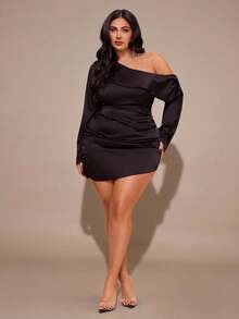 SHEIN BAE Plus Size Black Autumn Elegant Formal Evening Night Out Club Dress,Asymmetric Neckline Ruched Long Sleeve Open Back Dresses For Women Wedding Guest - Black - View 4
