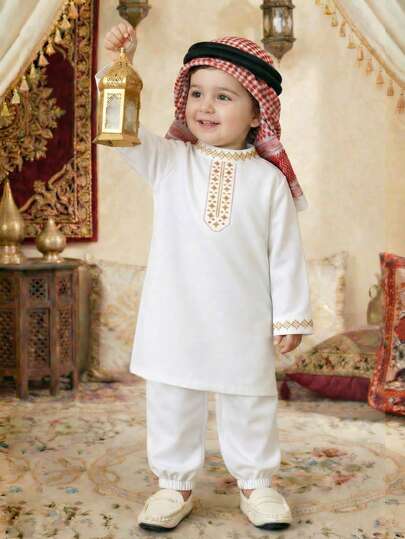 SHEIN 2pcs/Set Unisex Infant Toddler Newborn 0-3T Gold Embroidered Geometric Pattern Mandarin Collar Long Sleeve Robe With Slit Hem And White Leggings Set, Spring/Summer, Suitable For Holidays, Parties, Vacation, Baby Boys Summer 2-Piece Outfit Baby Boy Arab Dress Baby Boy Party Wear Baby Arabic Clothing  Islamic Baby Clothing Baby Boy Muslim Outfit Baby Boy Traditional Clothes Muslim Baby Boy Clothes