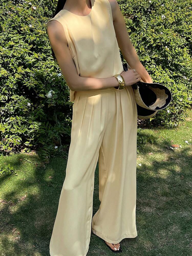 Women's Casual Solid Color Sleeveless Top And Wide Leg Pants 2 Pieces Set, Summer