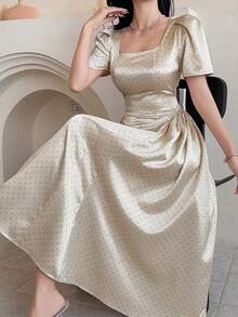 DAZY 女士优雅波点方领泡泡袖褶皱中长连衣裙，夏季婚礼宾客礼服/吊带裙/鸡尾酒裙 - 杏色 - 查看 3