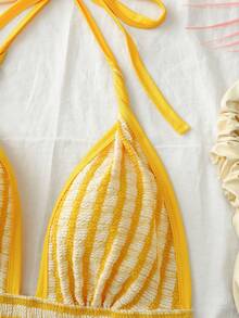 Roelina Áo croptop nữ gợi cảm hở lưng kẻ sọc, buộc dây phía trước, thích hợp cho kỳ nghỉ biển. - Màu vàng - Xem 7