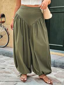 Ceyna 女士宽松休闲哈伦裤，前开衩设计，适合度假、春夏穿着 - 綠色 - 查看 4