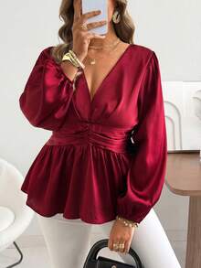 Vionelle 大码女装春夏法式浪漫西西里优雅休闲通勤波西米亚风度假下午茶酒红色缎面绉纱褶皱腰部荷叶边松紧腰喇叭长袖衬衫 - 酒紅色 - 查看 6