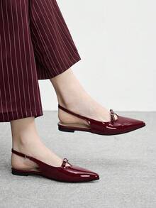 CUCCOO BIZCHIC Women's Burgundy Patent Leather Pointed Toe Backless Strap Comfortable Simple Rhinestone Decor Flat Slip-On Shoes, Suitable For Work Valentine's Day - Burgundy - View 3
