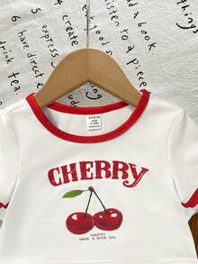 SHEIN 2件套女婴针织纯色樱桃图案休闲T恤和梭织格子短裤套装 - 彩色 - 查看 4