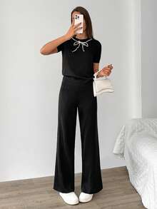 EURMUSE Short Sleeve Beaded Knit Top And Pant Knit Set - Black - View 4