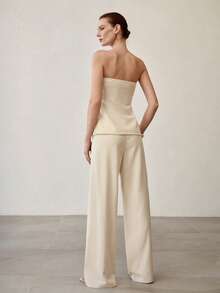 MOTF PREMIUM 2PCS WOMEN'S BUTTON-UP TUBE TOP & WIDE LEG PANTS SET, VERSATILE STYLING, ALL SEASON - Apricot - View 3