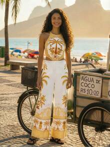 CAJUNI Women's Resort Tropical Palm Print Cut-Out Waist Jumpsuit - Multicolor - View 6