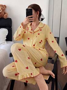 Dream Adore Heart Striped Frill Trim Lapel Cardigan Pajama Set - Multicolor - View 4