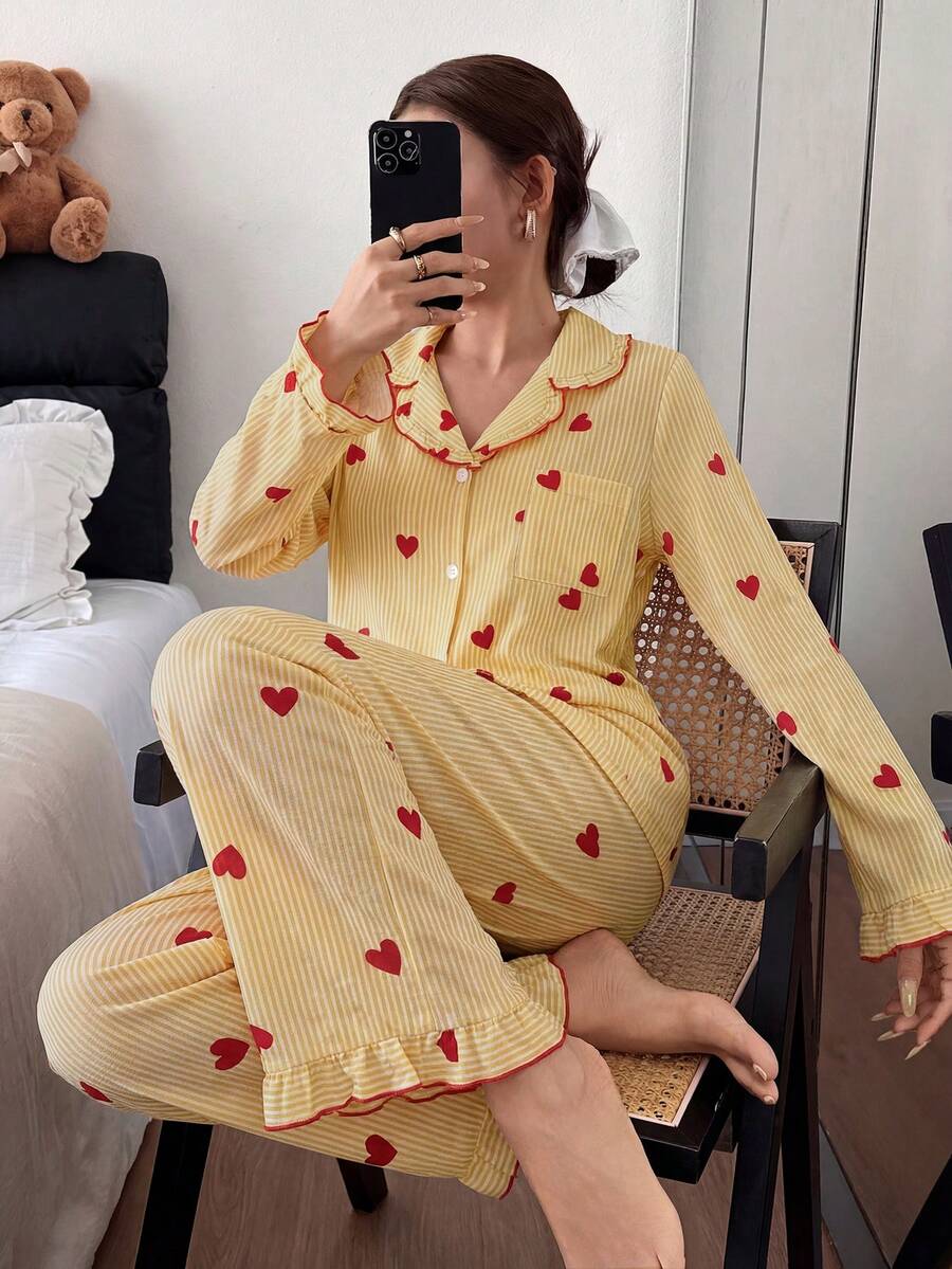 Napfluff Heart Striped Frill Trim Lapel Cardigan Pajama Set - Multicolor - View 1