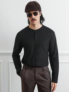 HUEFORM 男士黑色针织弹力拼接T恤，基础款，百搭各种裤装，适合日常穿着。男士针织衬衫商务休闲上衣 - 黑色 - 查看 4