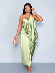 SOLERSUN 大码女装连衣裙，性感优雅，适合通勤、度假、海滩派对、情人节、春夏穿着，复古时尚，简约风格，澳洲少女风，海滩周末艺术配饰V领绿色连衣裙，春夏休闲奢华度假风 - 綠色 - 查看 6