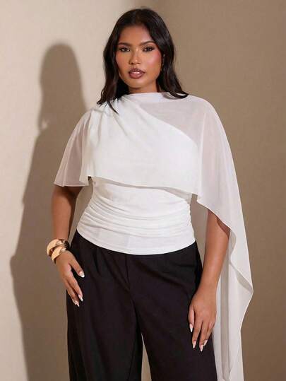 SHEIN BAE Plus Size Women Solid Color Asymmetric Shoulder Tie Design Fitted Slim Blouse