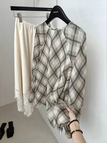 SHEIN Frenchy Women's Plaid Round Neck Raglan Sleeve Casual Loose Top,Brown And Cream,Autumn,Vintage,Everyday Korean Style Long-Sleeved Shirt For Vacation,Holiday - Multicolor - View 9