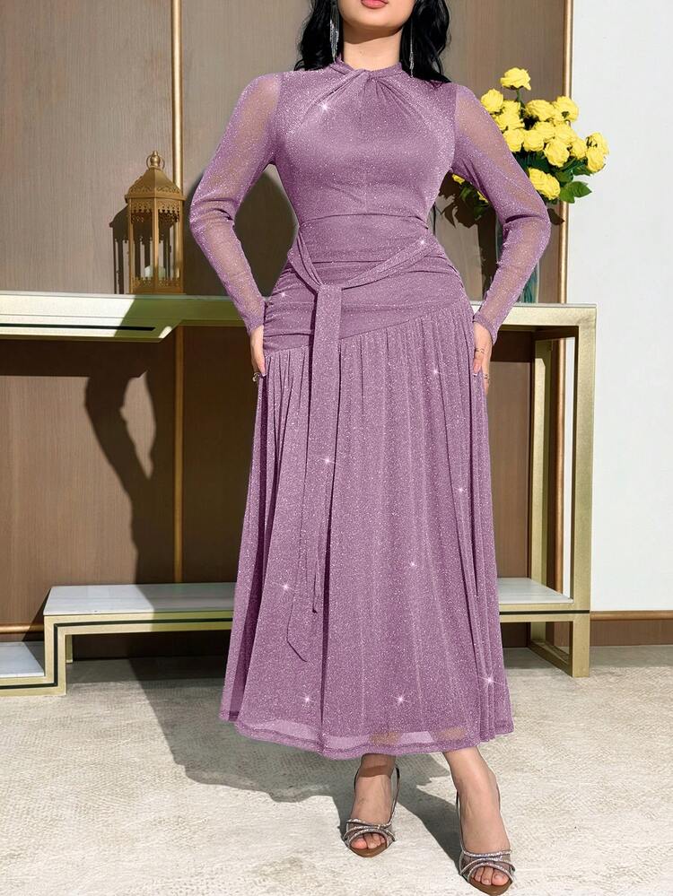 Modelyn Women's Elegant Metallic Glitter Twist Knot Collar Sheer Long Sleeve Cinched Waist Waist Dress, Suitable For Party And Banquet - Dusty Purple - View 6